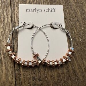 NEW MARLYN SCHIFF Boho Silver Tone Hoop Earrings with Silver/Copper Tone Beads